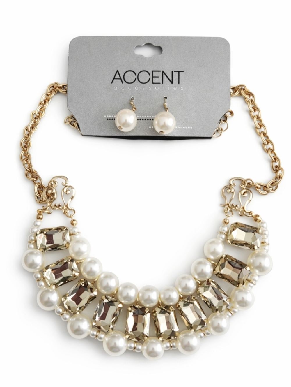 Accent Faux Pearl Rhinestone Bib Necklace Earrings Set Gold Tone Glam